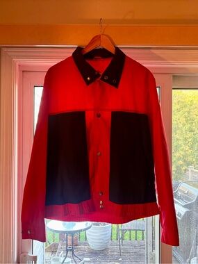 Men's Red Windbreaker Jacket with Blue Contrast Panels and Orange Accents